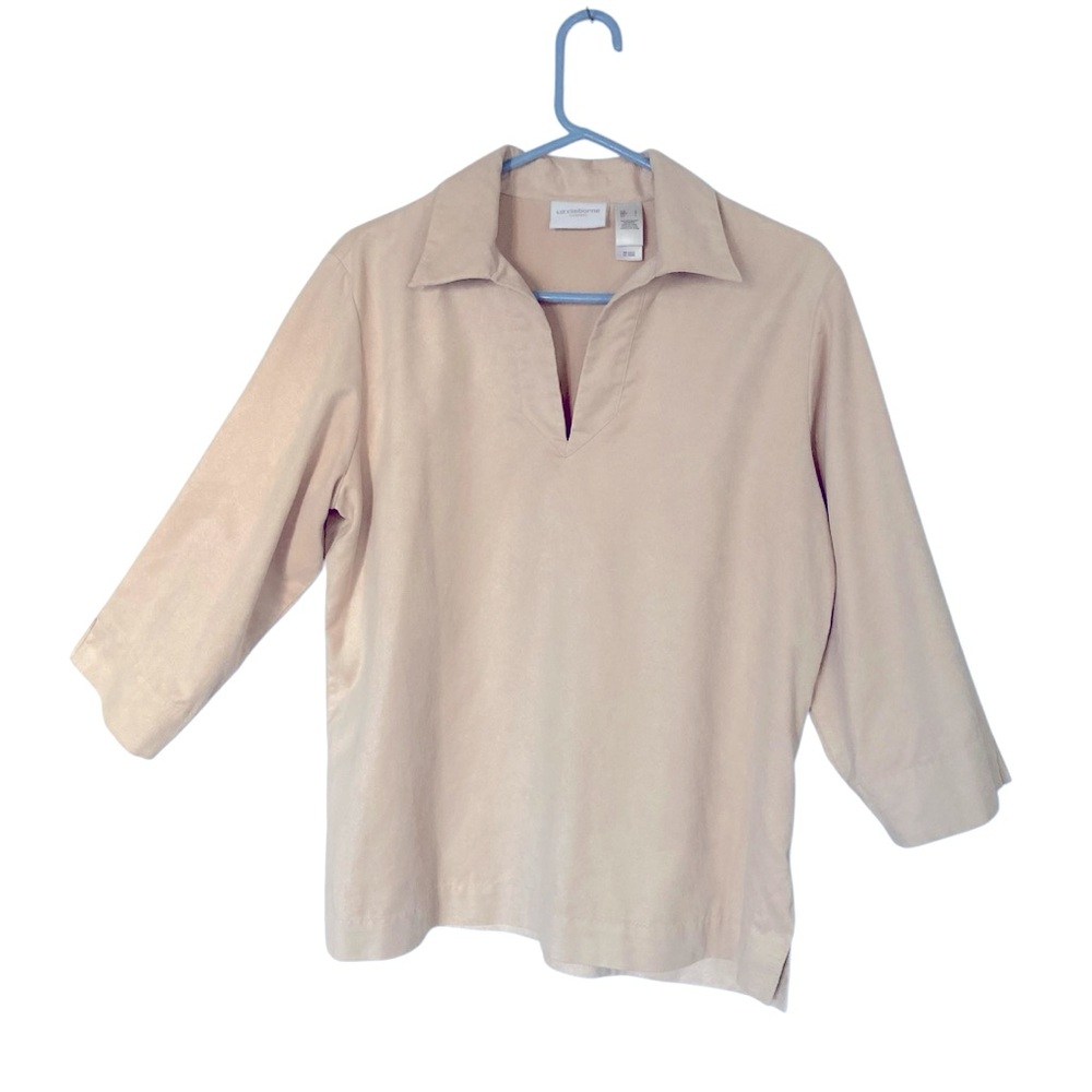 Liz Claiborne Womens Blouse Top L Lizsport Faux Suede Classic Minimal Lagenlook